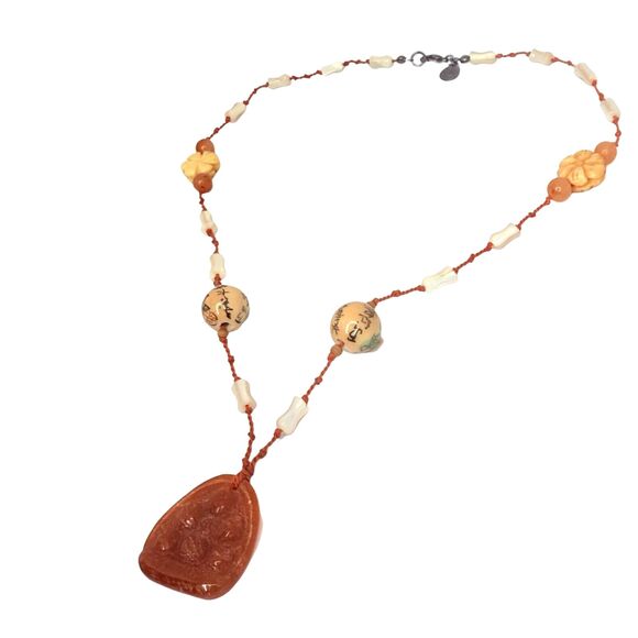 VTG Belle Costes Carved Carnelian Pendant Necklace 20" Bohemian Boho Chic - Picture 6 of 13